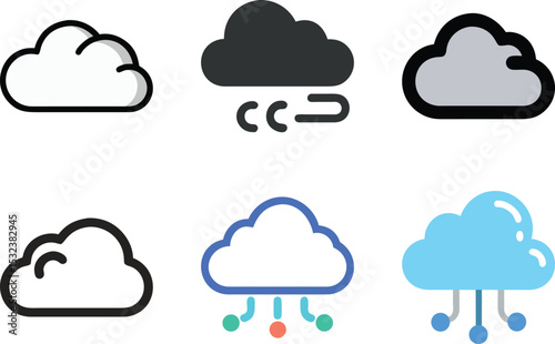 Six icon Collection of diverse cloud icons representing weather and technology concepts