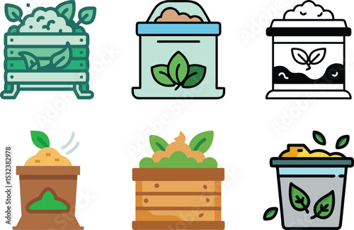 Six icon Assortment of Illustrated Garden Soil and Fertilizer Icons for Horticulture and Planting