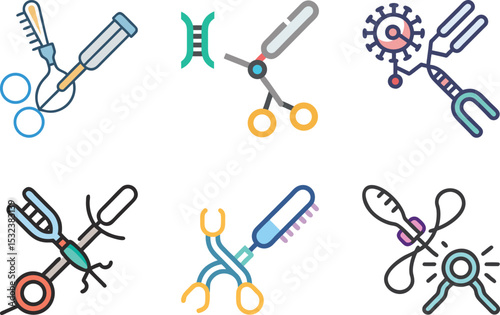 Six icon Icon set showcasing various medical instruments used in different surgical procedures