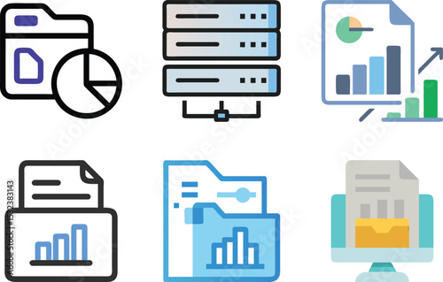 Six icon Data Visualization Icons Representing Analytics, Reporting, and Storage Elements