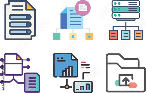 Six icon Various data and file management icons representing different aspects of data handling