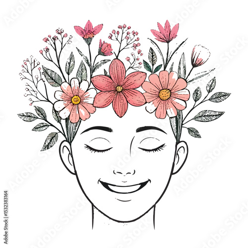Beautiful woman's face with pink flowers, a floral illustration of spring fashion and nature's beauty, a graceful silhouette with flowing hair and glamorous lips