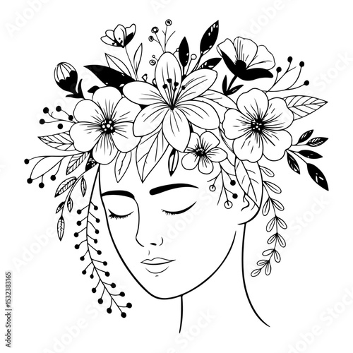 Beautiful woman's face with floral hair and spring flowers, a fashion illustration sketch