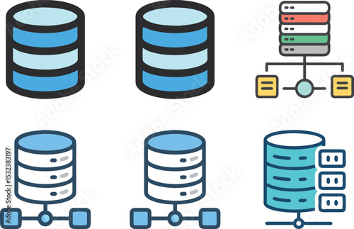 Six icon Illustration of database server configurations and network connectivity options and implementations