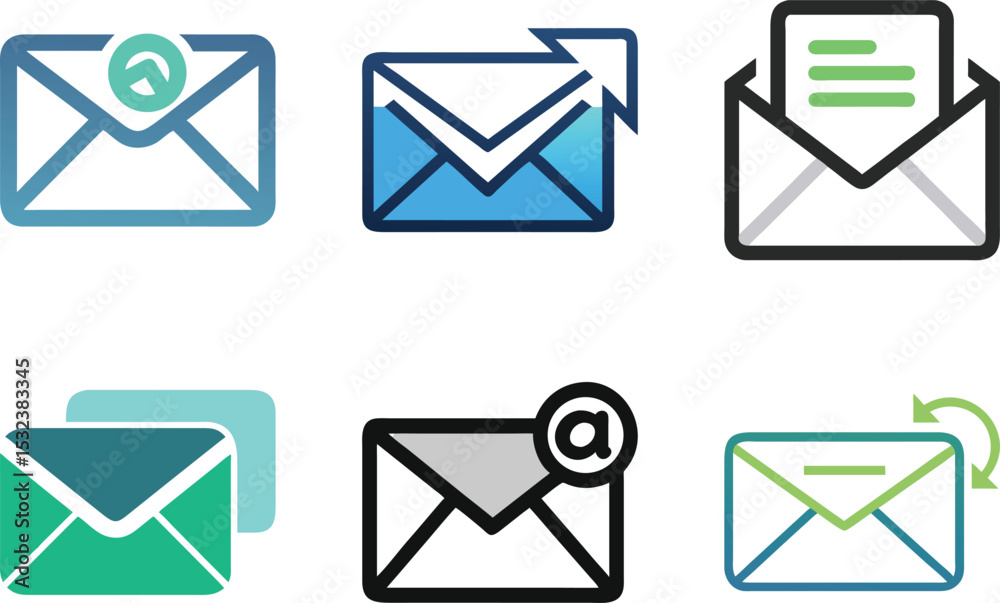 Six icon Collection of email and messaging envelope icons in a variety of styles