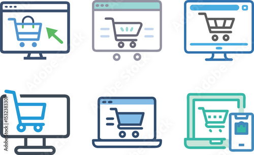 Six icon Online Shopping Icons Depicting Various Devices with Shopping Carts on Screen