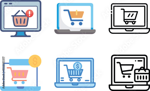 Six icon E commerce and Online Shopping Icons Representing Various Purchase Situations