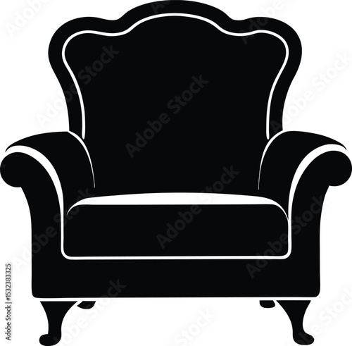 Armchair silhouette line art vector illustration. Classic cushioned armchair silhouette isolated design