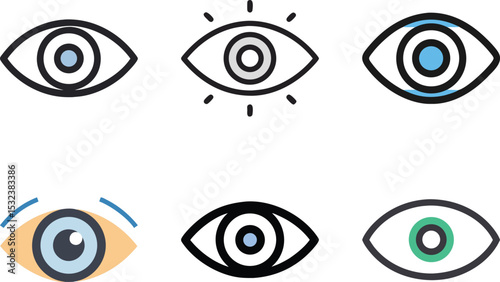 Six icon Eye Icon Set with Varied Styles and Colors on a White Background
