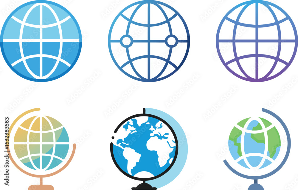 Six icon Collection of colorful globe icons representing global communication and international connection