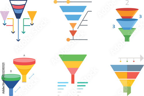 Six icon Various creative flat vector style funnels used for business process and marketing