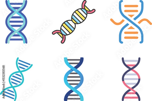 Six icon Colorful and Creative DNA Strand Variations for Scientific Illustrations and Education
