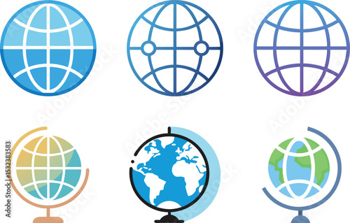 Six icon Collection of colorful globe icons representing global communication and international connection