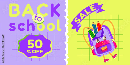  Back to the school sale banner, with schoolbag character design, in style groovy..Web banner, vector illustration.