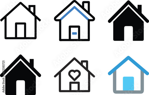 Six icon Collection of varied house icons showcasing different styles and color schemes
