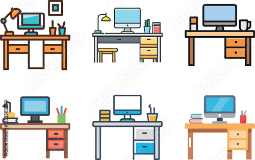 Six icon A set of six colorful and stylized office desks with computers