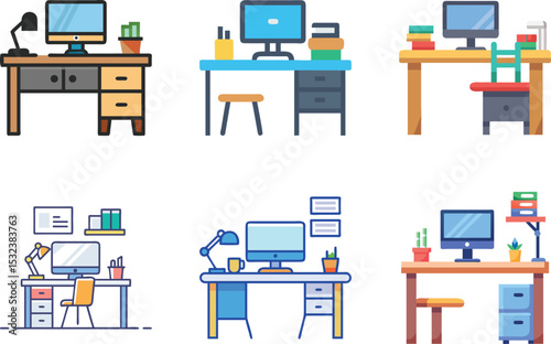 Six icon Collection of colorful flat vector illustrations of desks with computers and accessories