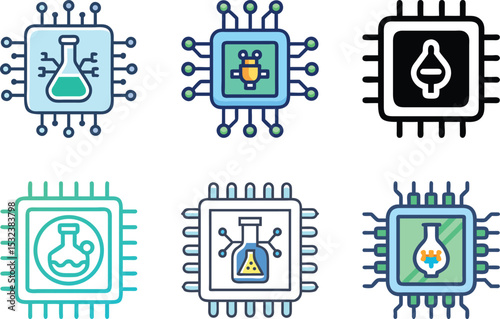 Six icons representing different chemistry related images embedded in computer chips