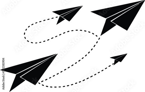 Paper plane path in a line shape silhouette. Aircraft tracking, plane travel dot line vector design