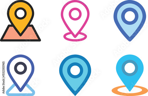 Six icon Diverse set of colorful map location pin icons for travel application