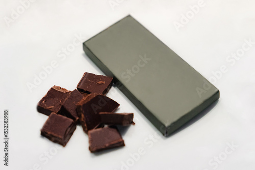 Minimal dark chocolate bar mockup with broken pieces on white background