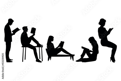 Silhouettes of people with a book. reading book silhouettes set