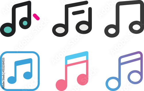 Six icon Colorful Musical Note Icons Arranged in a Row on White Background