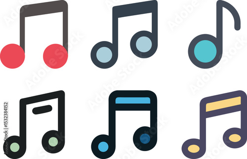 Six icon Stylized Set of Musical Notes in Various Colors and Configurations