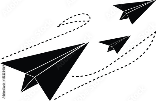 Paper plane path in a line shape silhouette. Aircraft tracking, plane travel dot line vector design