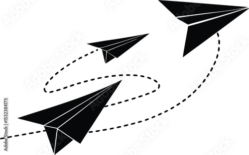 Paper plane path in a line shape silhouette. Aircraft tracking, plane travel dot line vector design