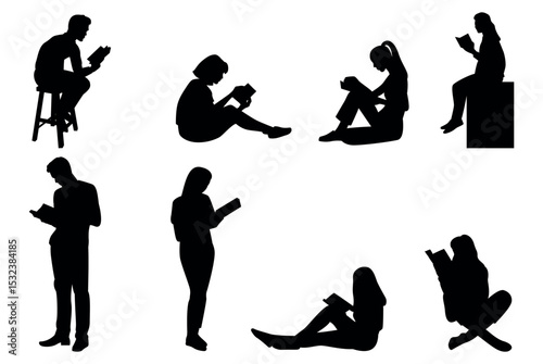 Silhouettes of people with a book. reading book silhouettes set