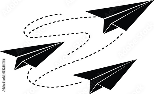 Paper plane path in a line shape silhouette. Aircraft tracking, plane travel dot line vector design