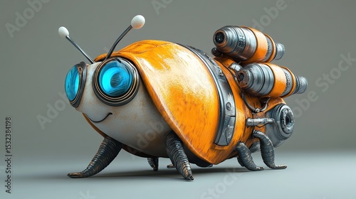 Orange beetle with blue eyes, tech details, and a jetpack