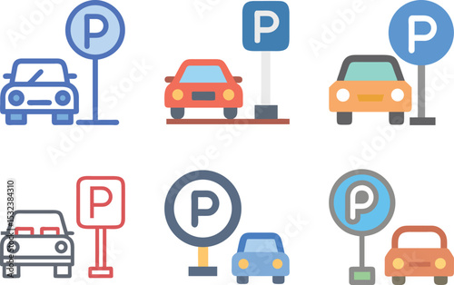 Six icon Colorful icon set depicting parking signs and cars, various color combinations