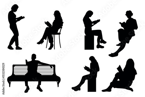Silhouettes of people with a book. reading book silhouettes set
