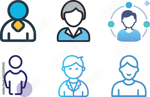 Six icon Collection of stylized avatar icons representing diverse people and professions