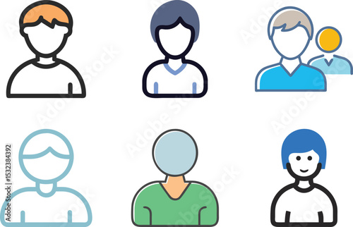 Six icon Diverse user avatar icons representing different personalities and demographics for presentations