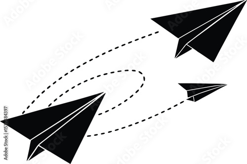 Paper plane path in a line shape silhouette. Aircraft tracking, plane travel dot line vector design