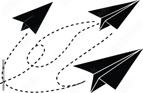 Paper plane path in a line shape silhouette. Aircraft tracking, plane travel dot line vector design