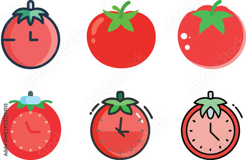 Six icon Tomato Clocks a Whimsical Collection of Time Telling Tomatoes in Red and Green