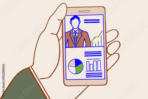 Clean Flat Illustration of Businessman Holding Smartphone with Charts