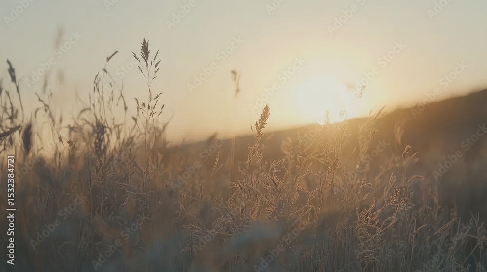 Obraz premium Sun setting over a field of tall dry grasses gracefully waving