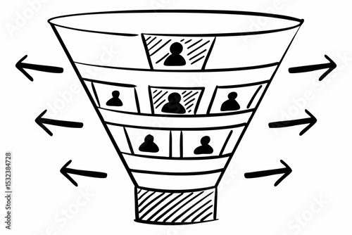 Flat Vector Illustration of Digital Marketing Funnel with Icons and Arrows