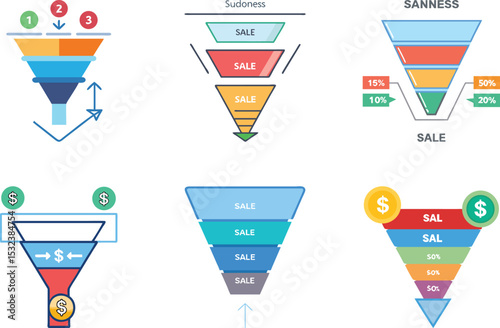 Six icon Sales funnel infographics displaying conversion rates and stages of a customer journey