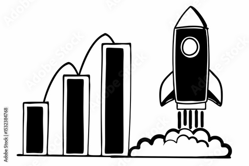 Modern Flat Style Illustration of Business Growth with Rocket and Bar Chart