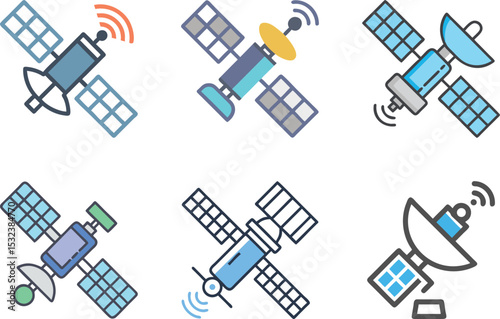 Six icon Collection of colorful Satellite icons with detailed solar panels and signals