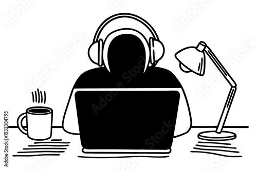 Flat Illustration of Remote Worker with Headphones and Coffee for Productivity