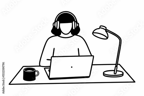 Flat Illustration of Remote Worker with Headphones and Coffee for Productivity