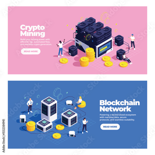 Blockchain Isometric Horizontal Banners Set