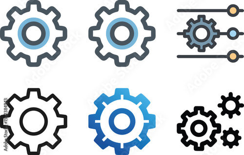 Six icon Six different images of gears and cogs that are symbolic for operations